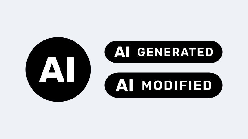 Les trois icônes officielles de l’UE pour signaler un contenu généré par IA : un rond noir marqué AI, et deux étiquettes AI GENERATED et AI MODIFIED.
